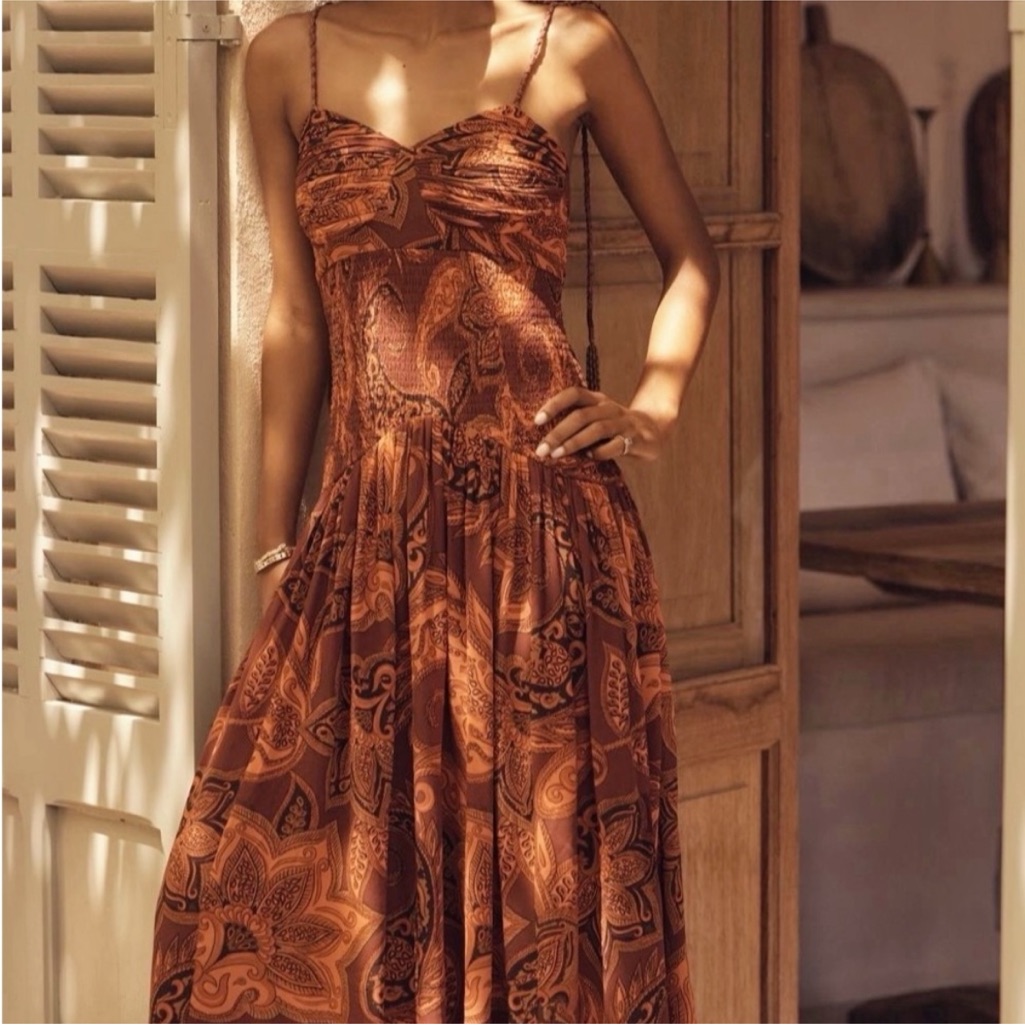New Nwt Farm Rio X Anthropologie Drop-Waist Printed Midi Dress